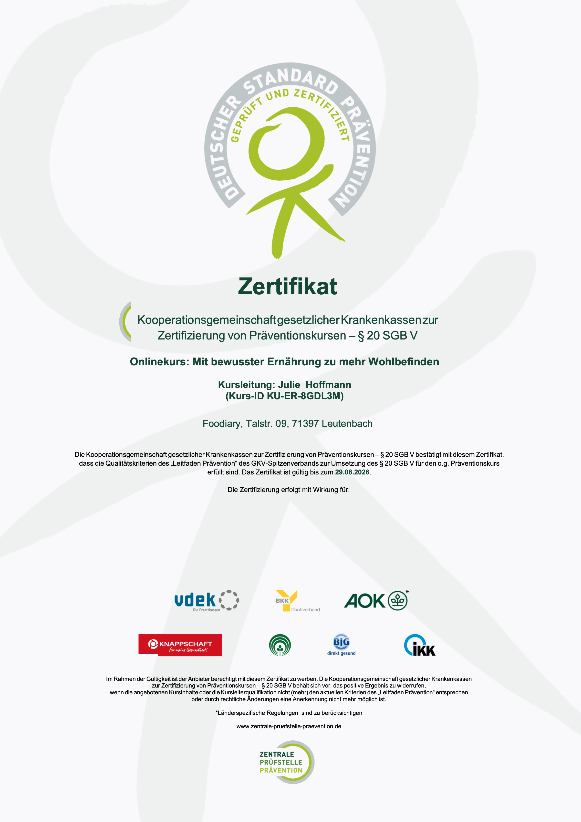 Foodiary ZPP-Zertifikat §20 SGB V